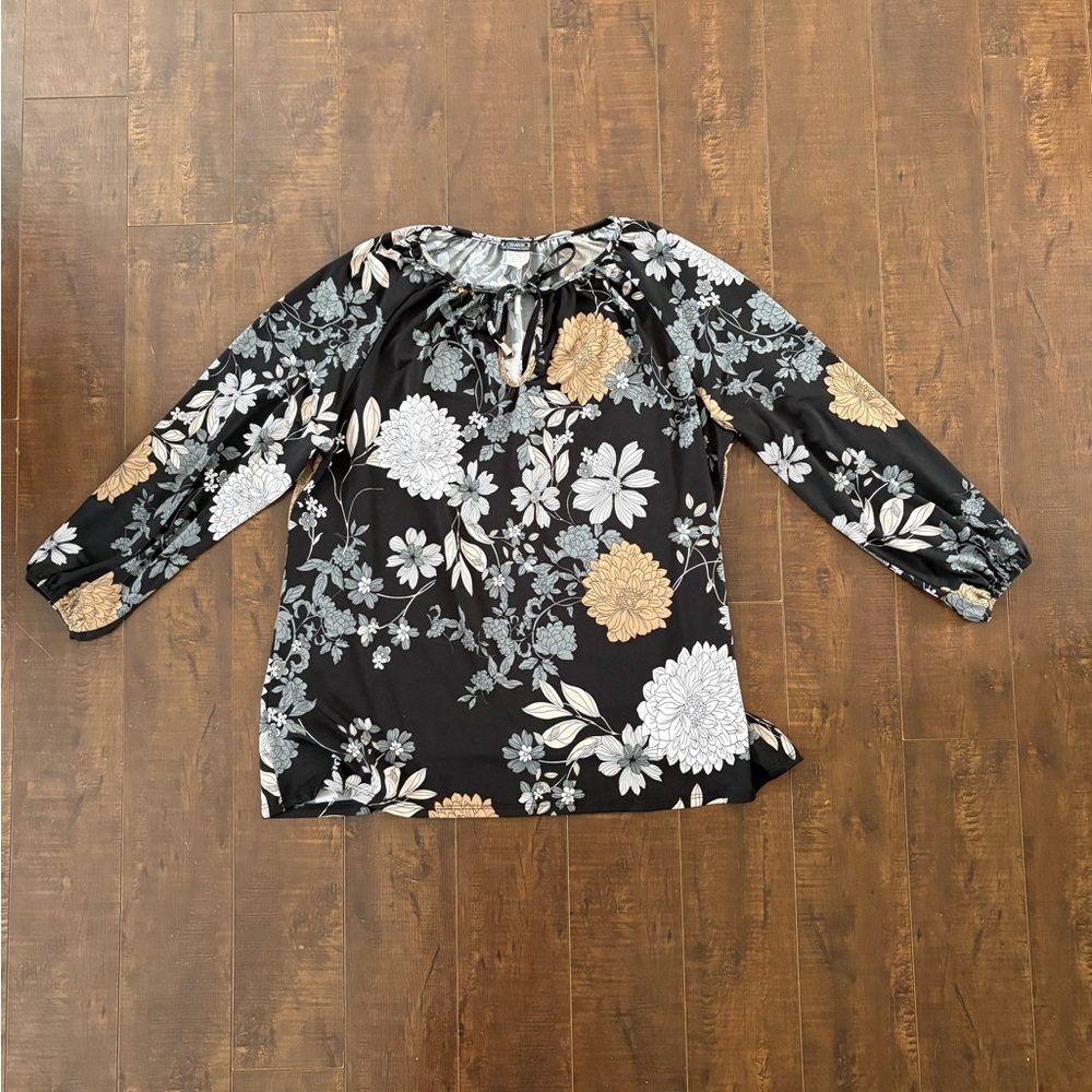 Clientele Floral Keyhole Neck Top Large Made in Canada Boho Long Sleeve Blouse - Picture 7 of 7
